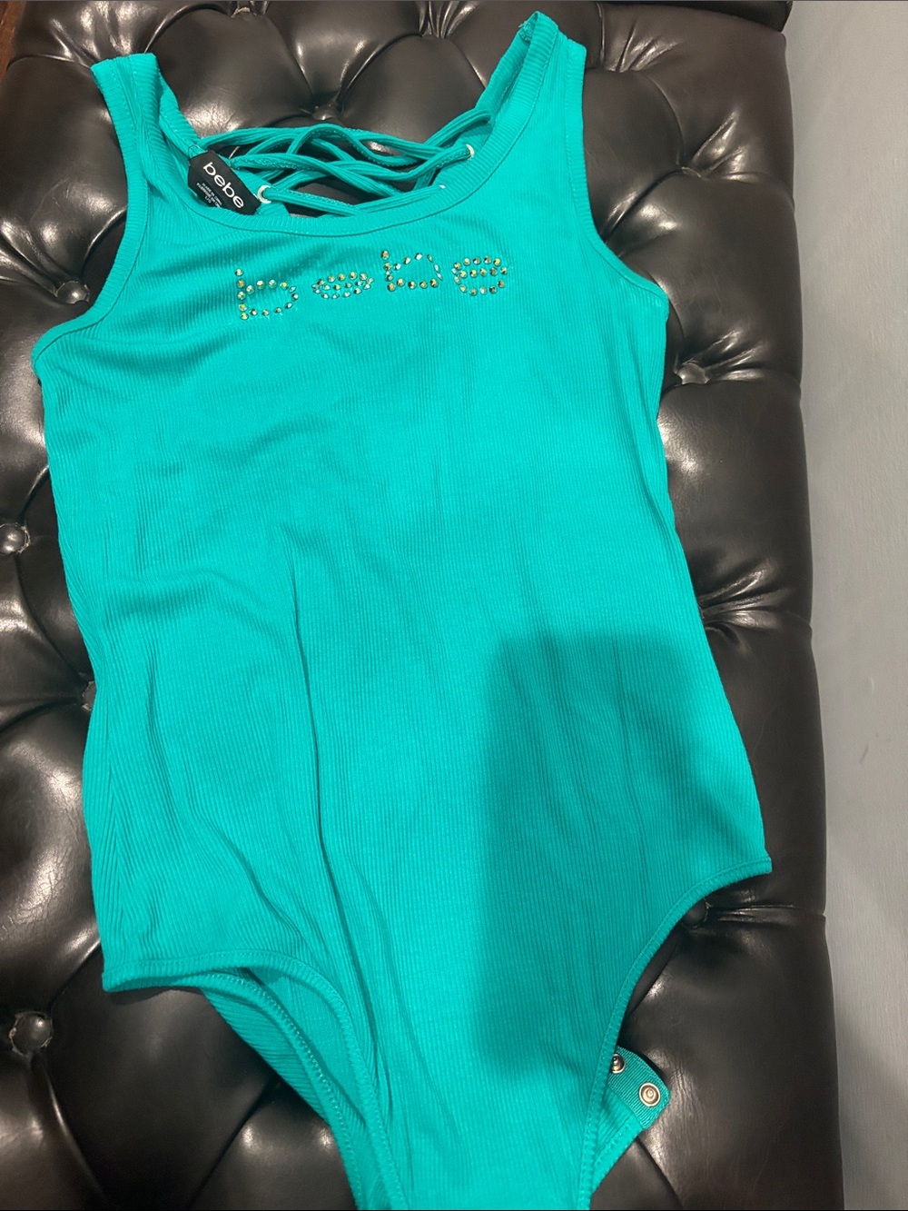 bebe Teal Ribbed Tank One-Piece Bodysuit with Stud Logo